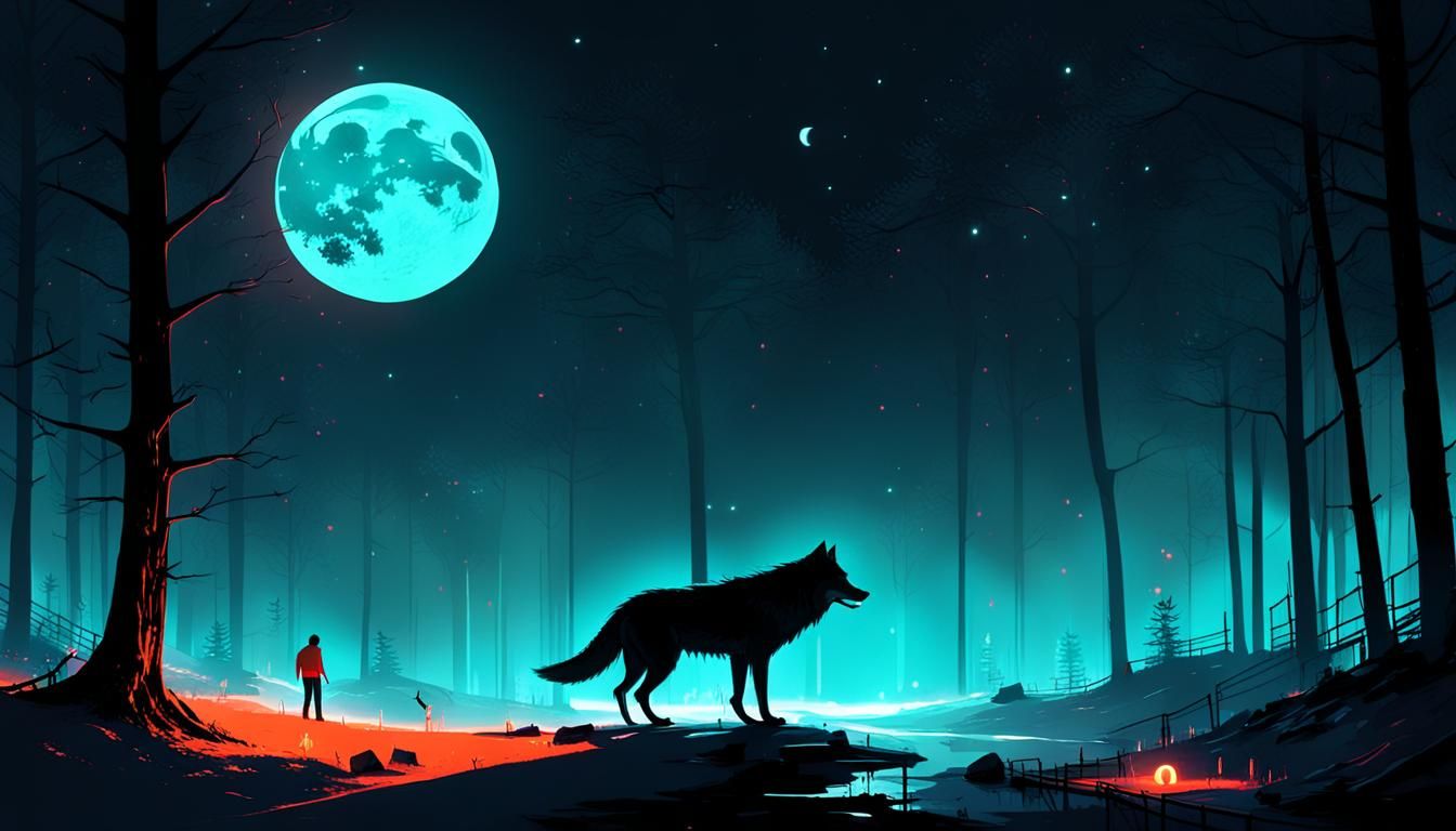 Neon Horror: Man Transforms into Werewolf