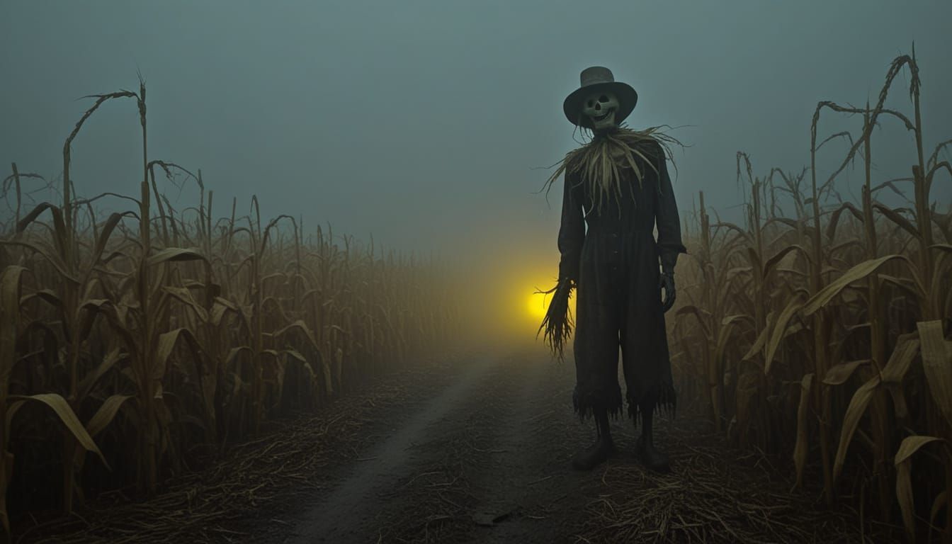 Nightmare Harvest Scarecrow in Eerie Oil Painting