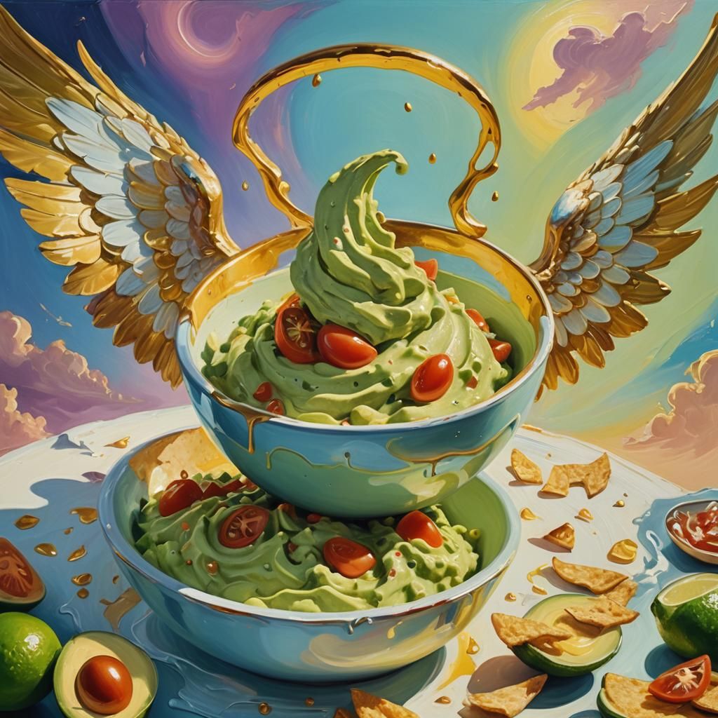 Surreal Guacamole with Halo and Wings as Oil Painting