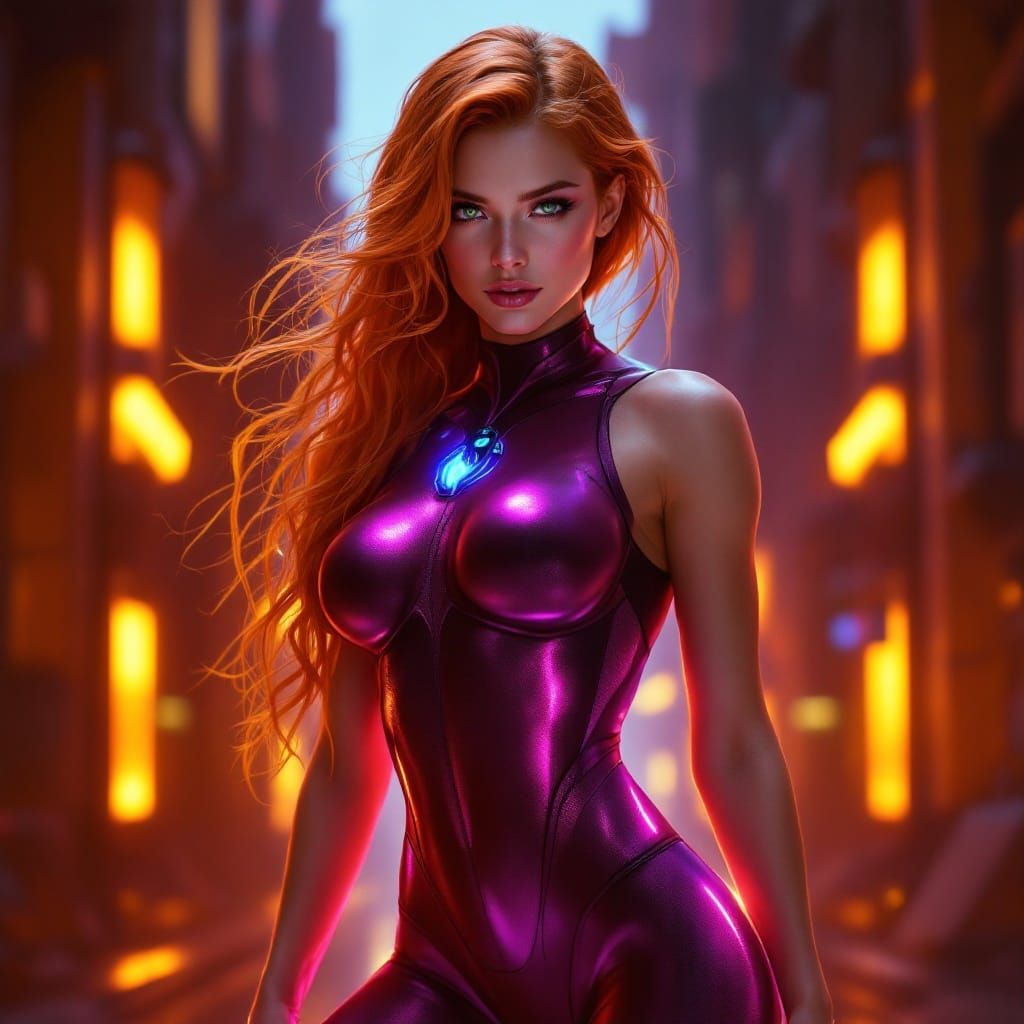 Ginger Goddess in High-Tech Bodysuit, Dark Sci-Fi Concept Ar...