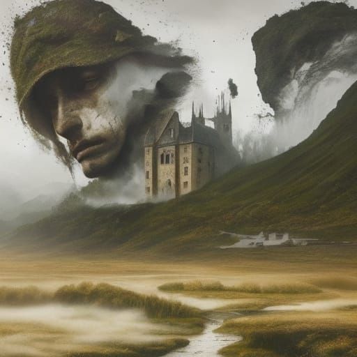 Surreal Basset Hound in Misty Mountains