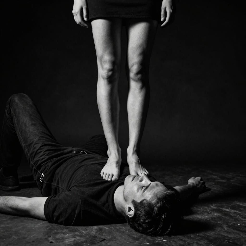 Woman's Bare Feet on Man's Face in Moody Studio