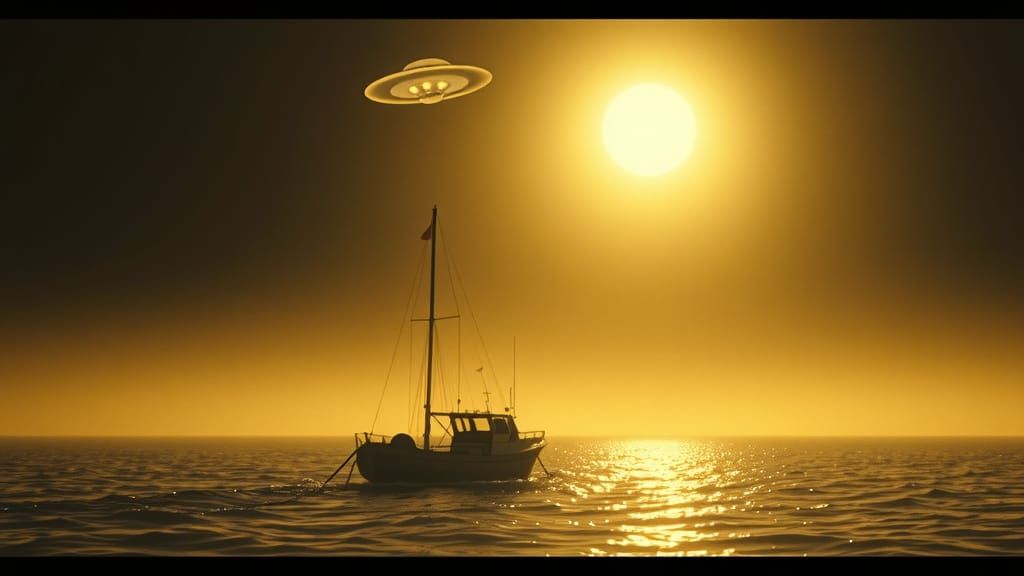 Fishing Boat Under UFO, Cinematic Film Still