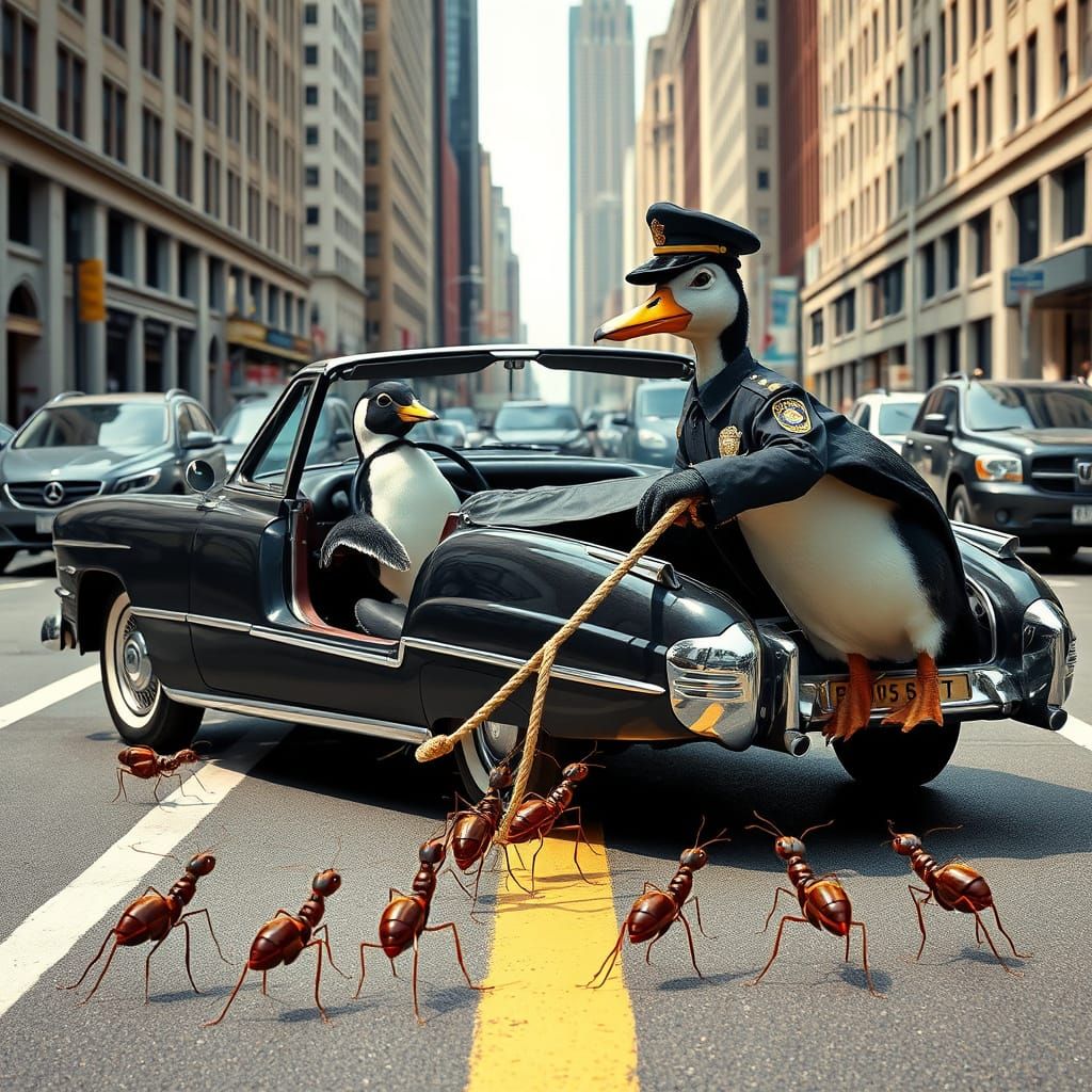 Penguin Driver and Ant Tow Truck: A Surreal Comedy