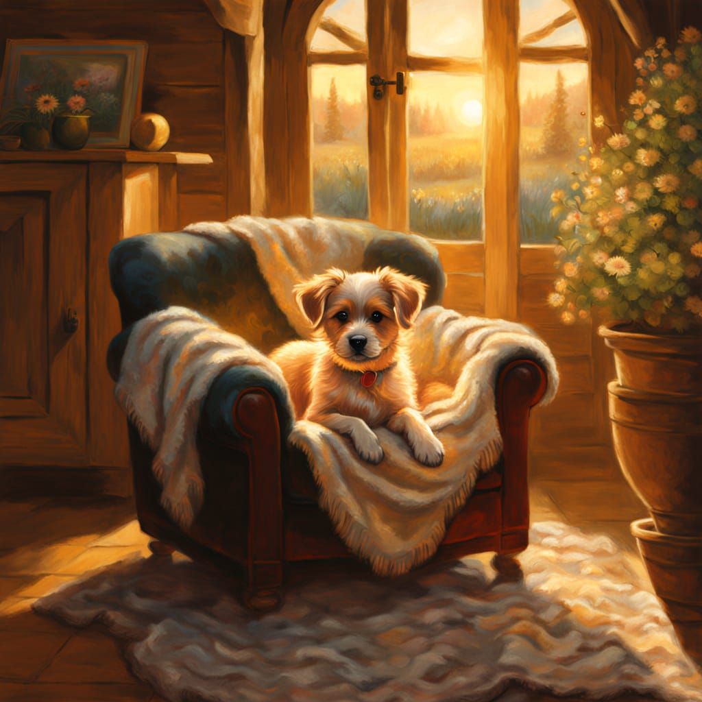 Cozy Cabin Puppy in Warm Sunlight Oil Painting