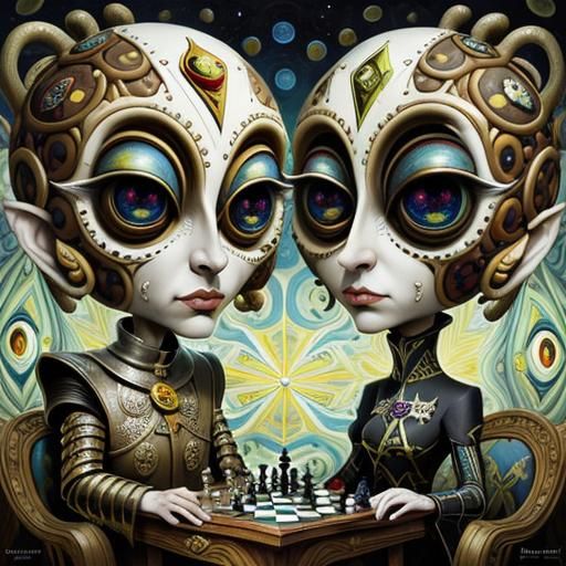 Surreal Chess Match with Fractal Optical Illusions