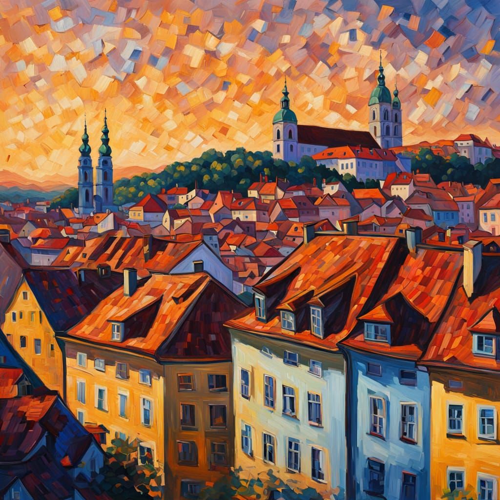 Graz Austria Cityscape in Neo-Impressionist Style