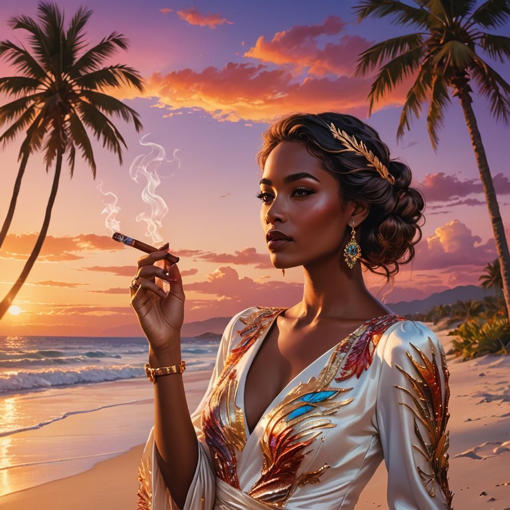 Woman Smoking Cigar on Beach at Sunset, Art Nouveau