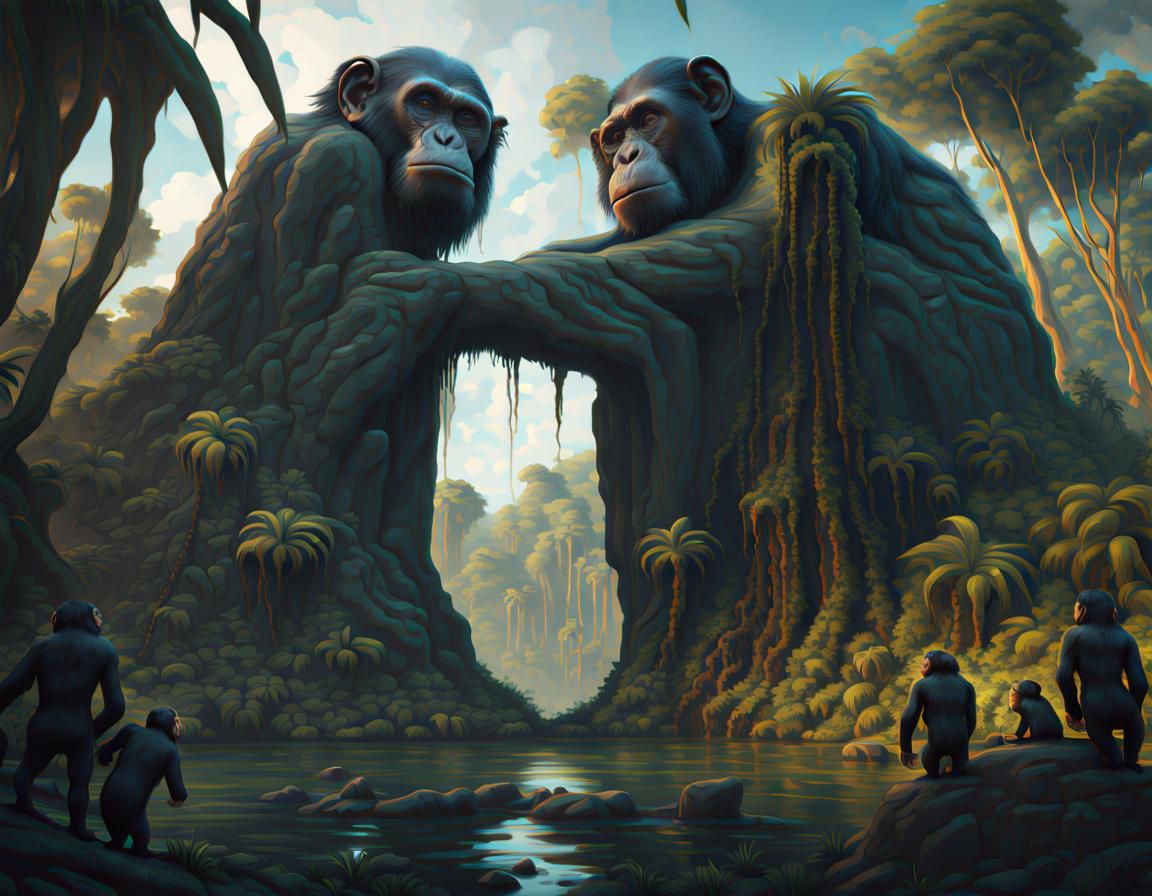 Jungle Monolith with Chimpanzees: Surreal Matte Painting