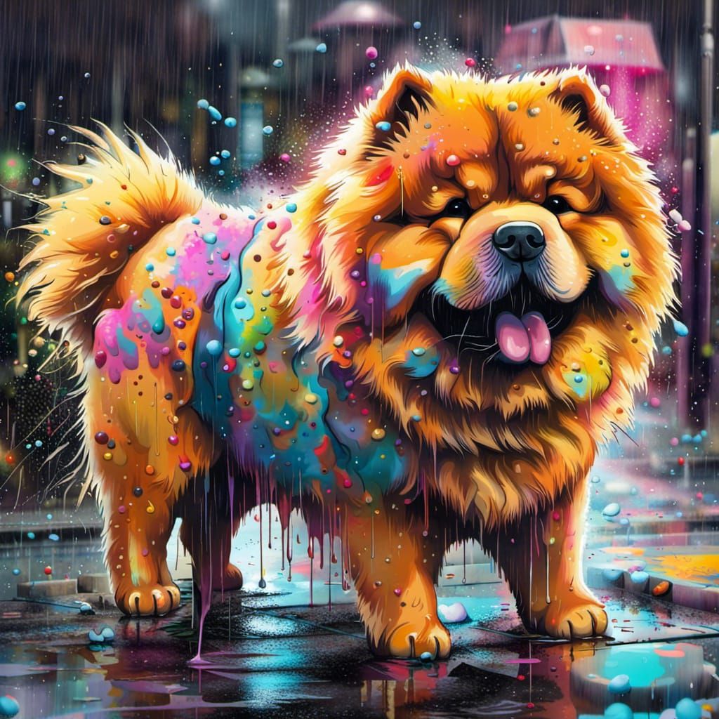 Colorful Graffiti Chow Chow in the Rain