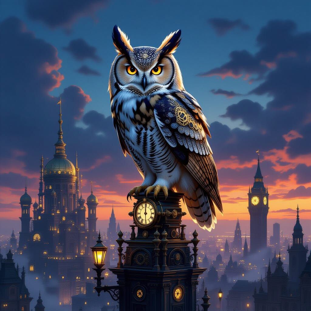 Steampunk Owl Cityscape at Twilight