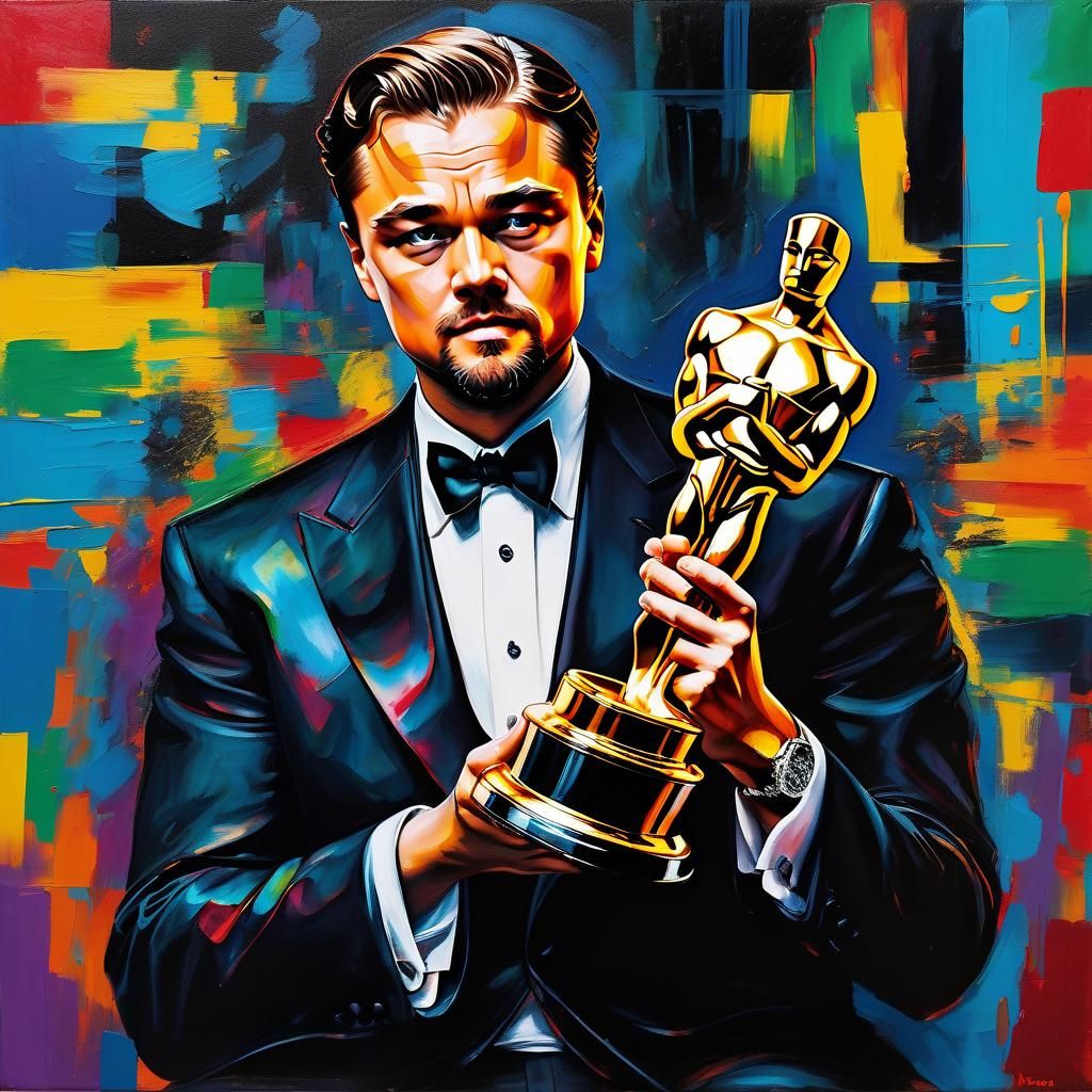 Leonardo DiCaprio Holding Oscar Trophy