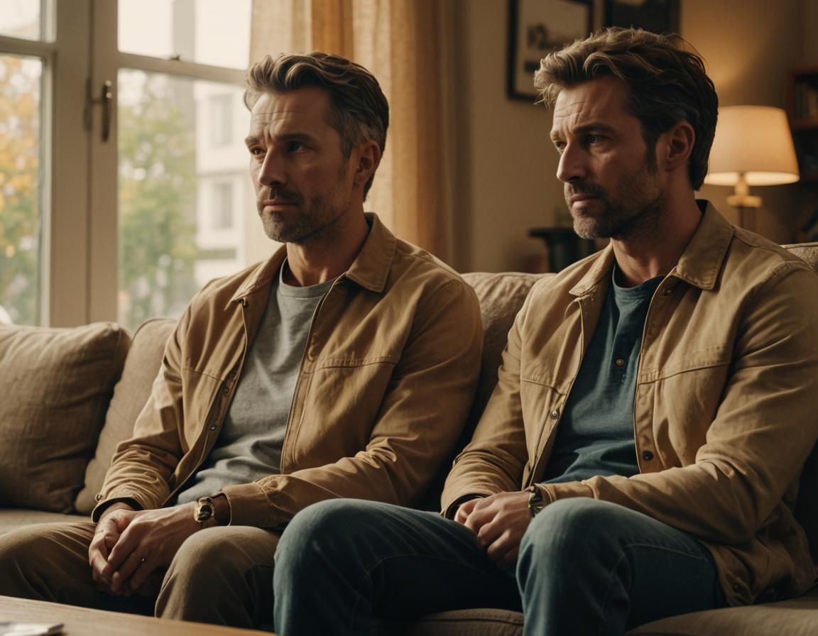 Men Watching TV with Golden Lighting