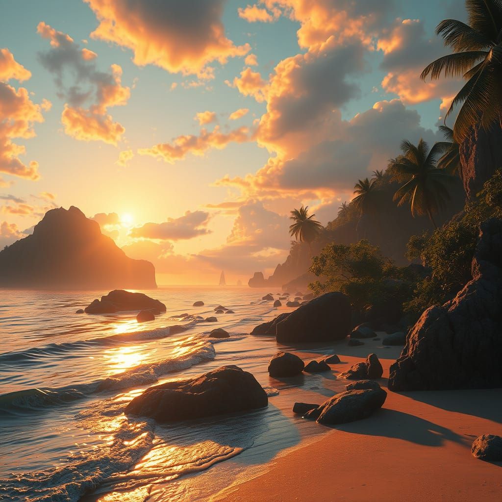 Glowing Secret Beach at Sunset in Triadic Colors