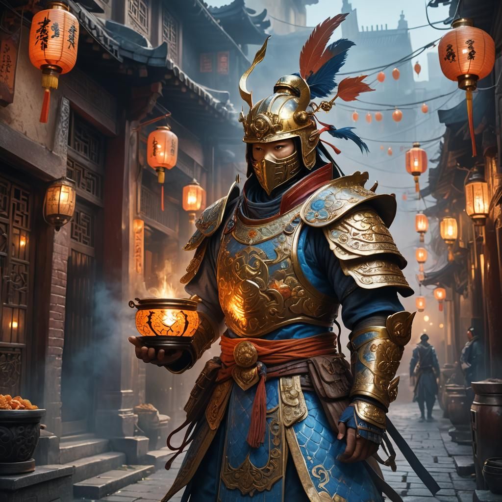 Chinese Warrior with Food in Misty Alleyway
