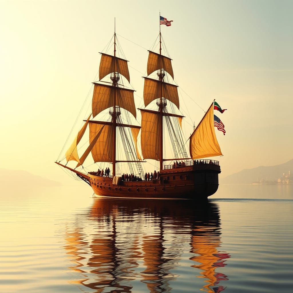 Majestic Sailing Ship Enters Serene Coastal Bay