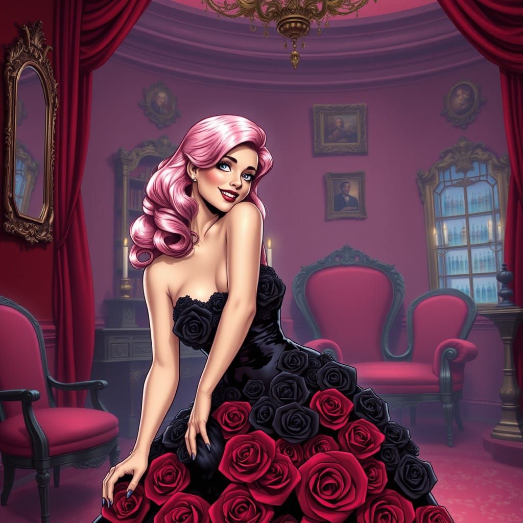 Stunning Pink Haired Woman Poses in Scarlet Room