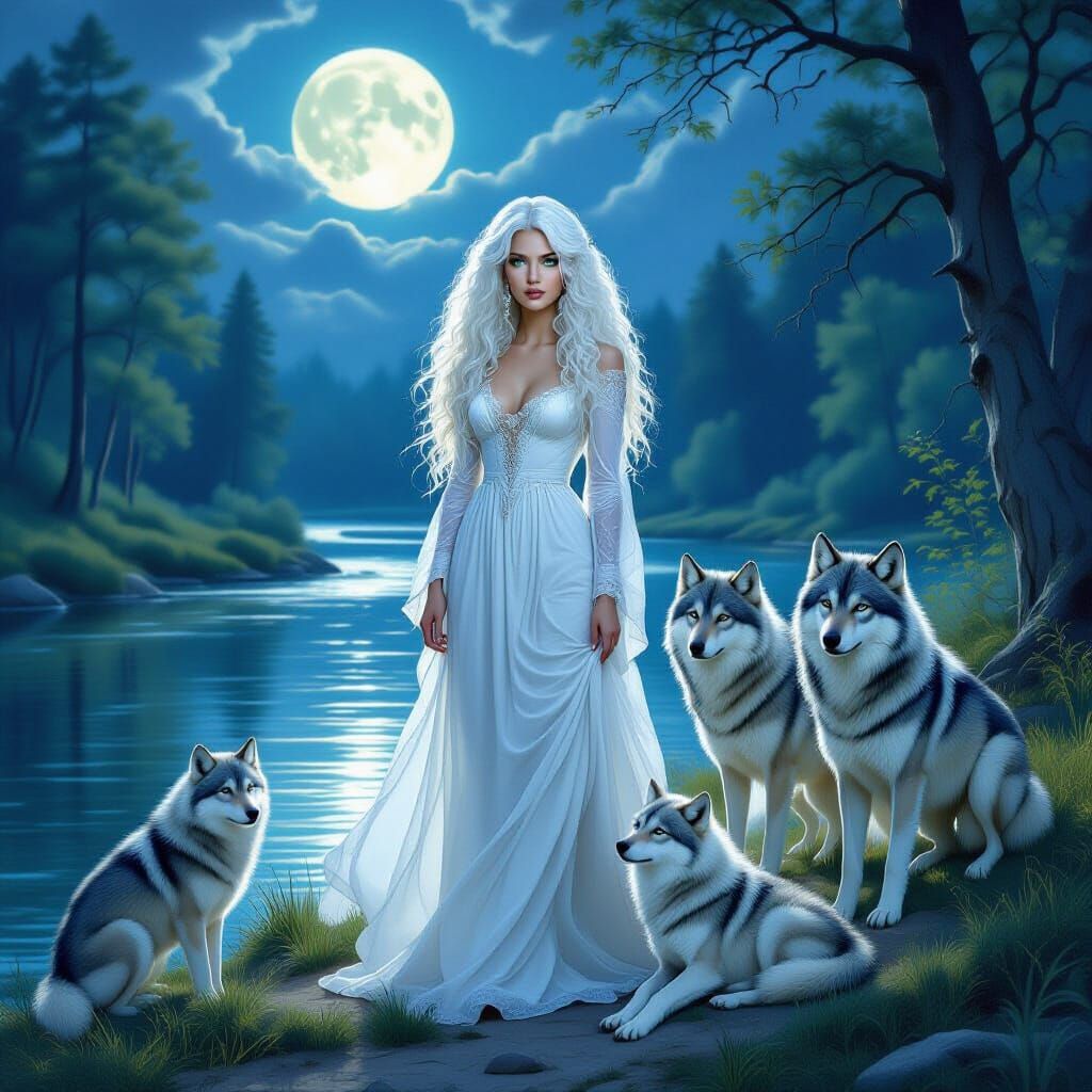 Romantic Woman with Wolves by River Under Moonlight