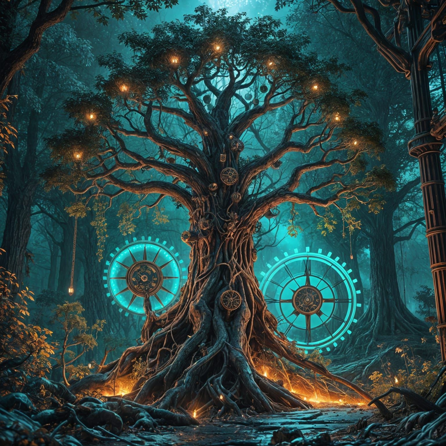 Clockwork Oak Tree Soars in a Haunting High-Fantasy Scene