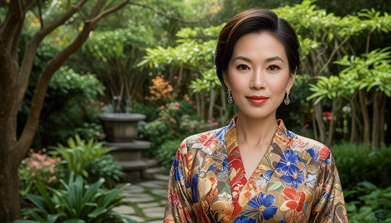 Elegant Asian Woman in Japanese Garden Luxury Portrait