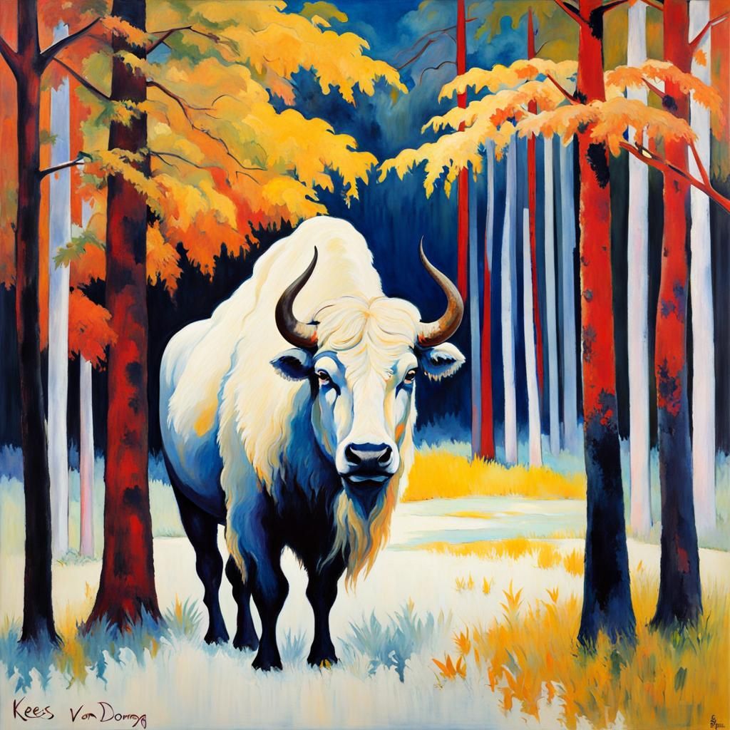Albino Buffalo in Sylvan Setting, Fauvism Style