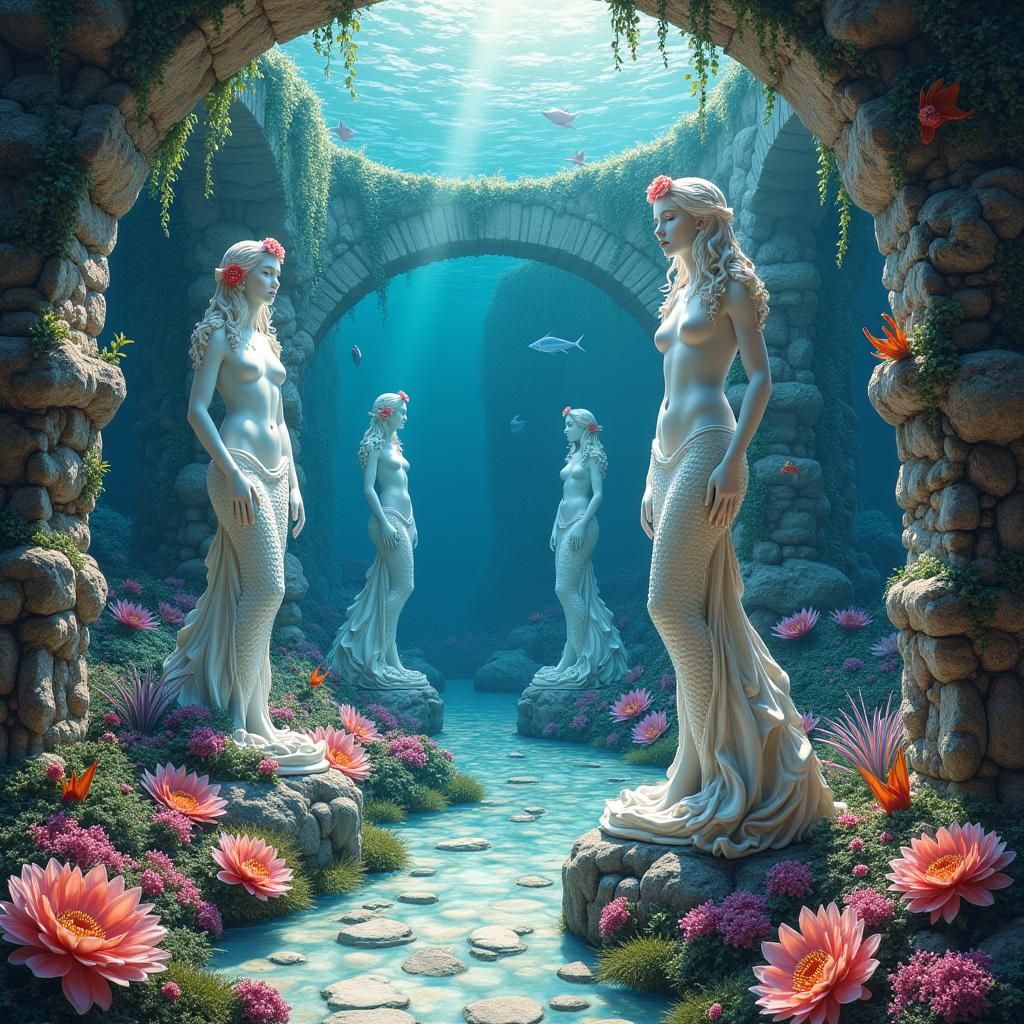 Underwater Garden with Mermaid Statues in Fantastical Realis...