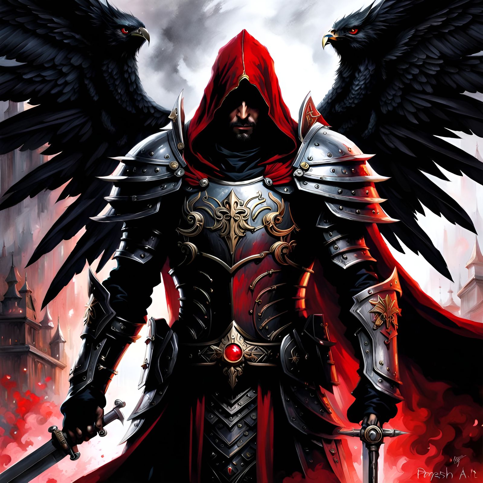 Gothic Crusader Angel Portrait in Black and Red