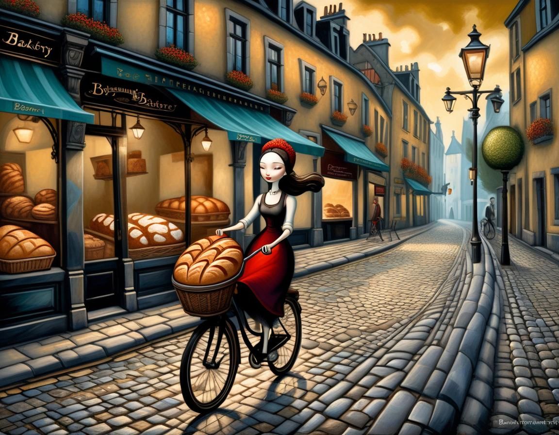 Woman on Bike with Bread, Lacombe Style