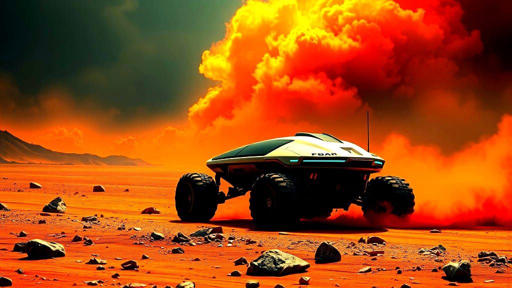 Martian Dust Storm Panoramic View with Rover