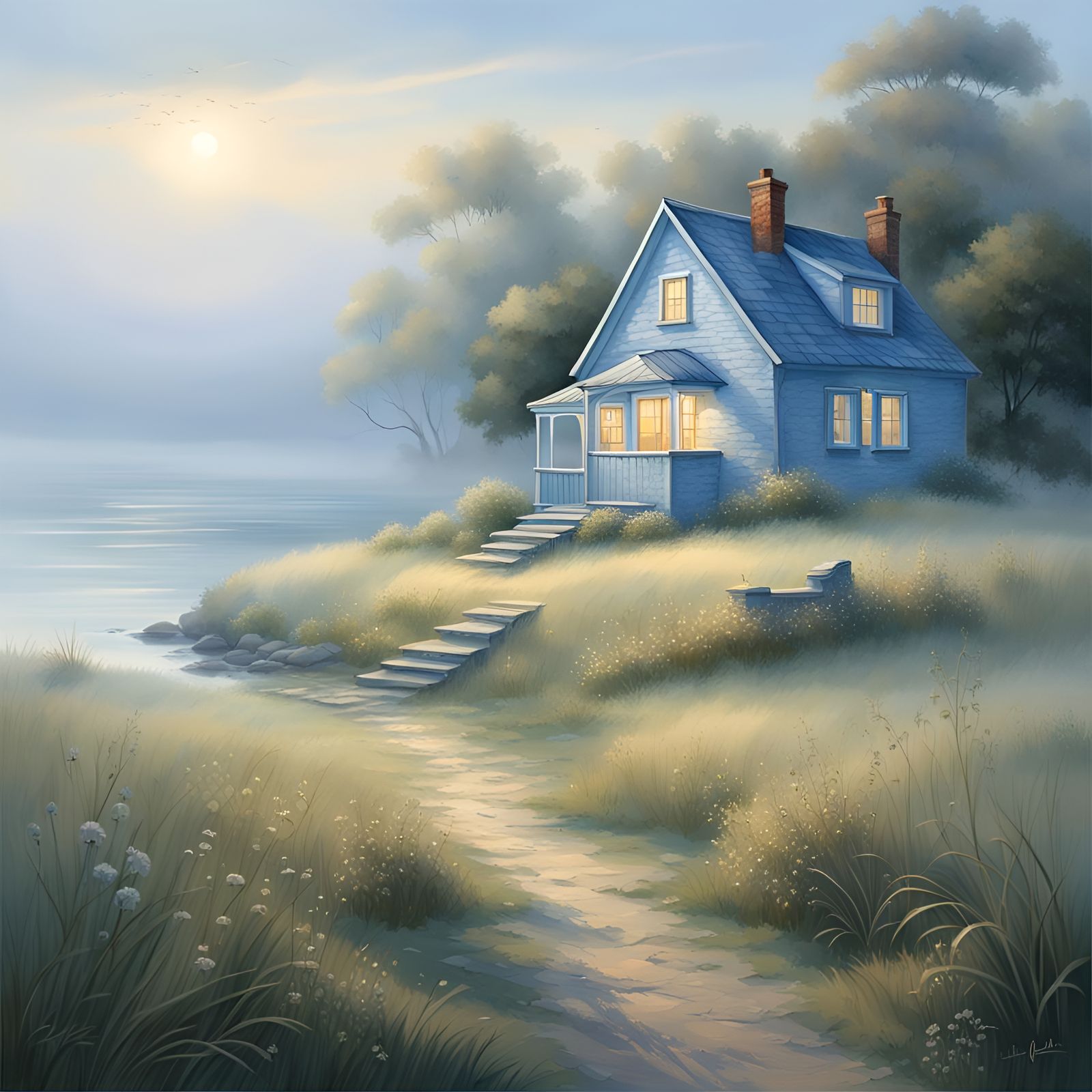 Foggy Seaside Cottage: Detailed Matte Painting