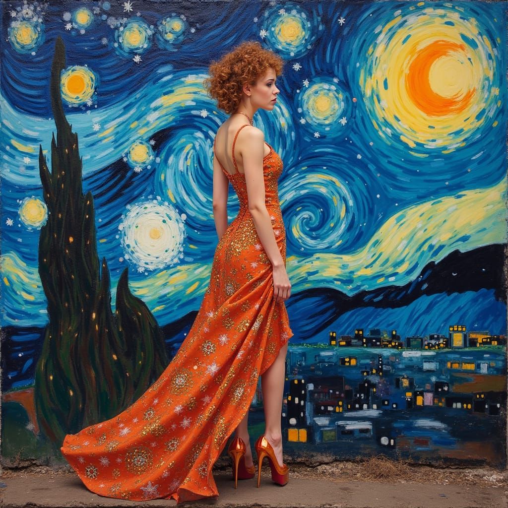 Star Babe in Shimmering Dress: Expressionist Starry Night