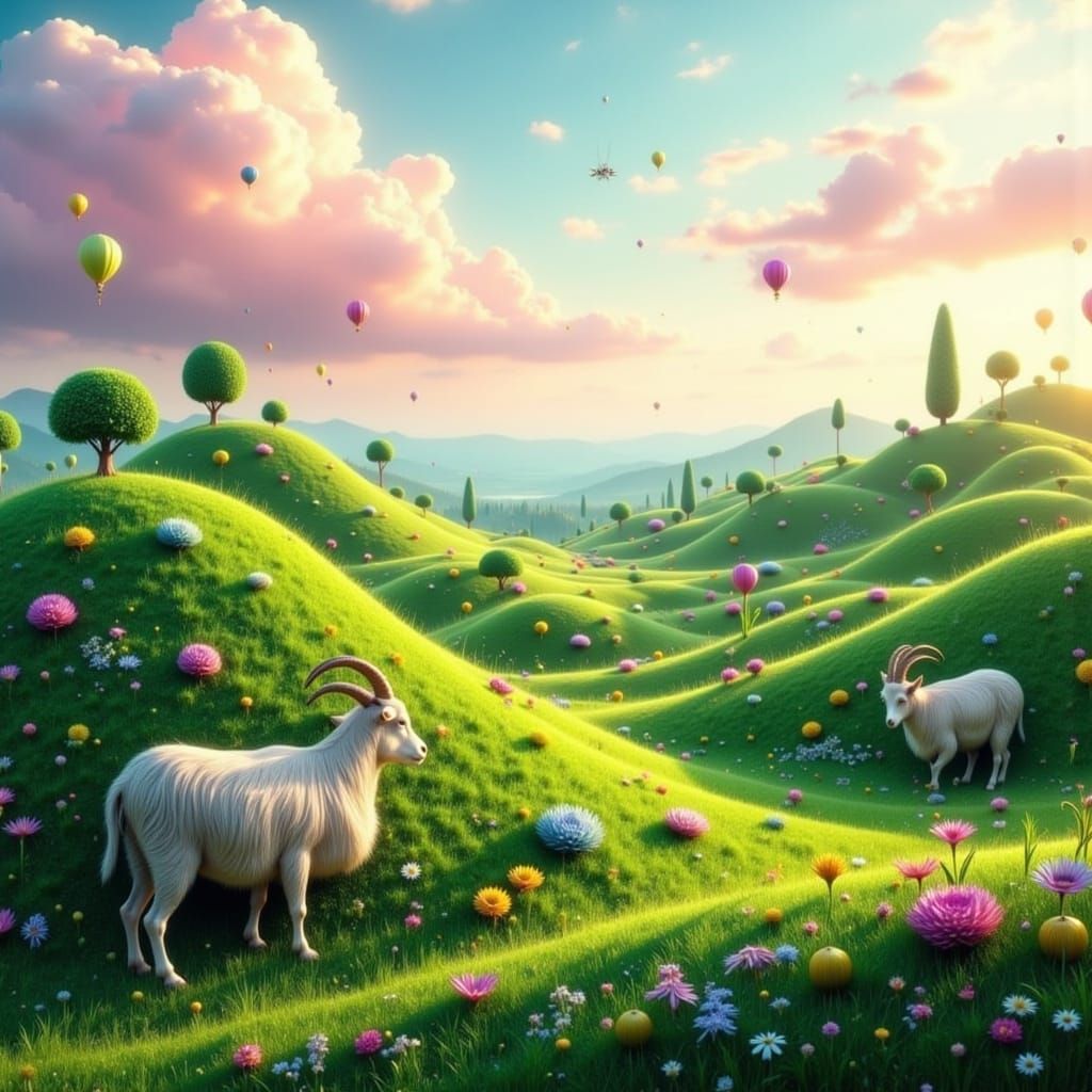 Whimsical Verdant Landscape with Rolling Hills and Grazing G...