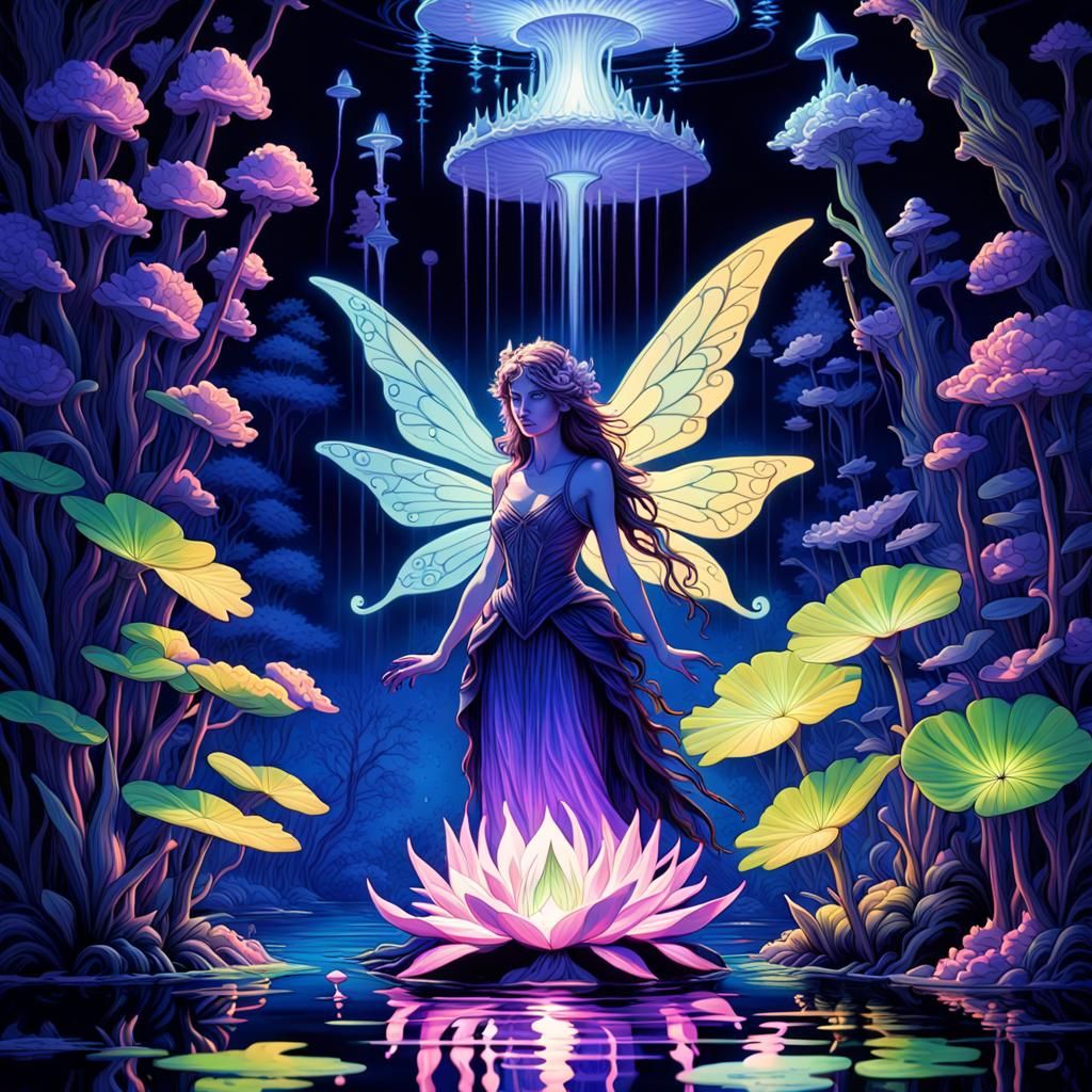 Enchanting Fairy in Moonlit Pond: Black Light Art