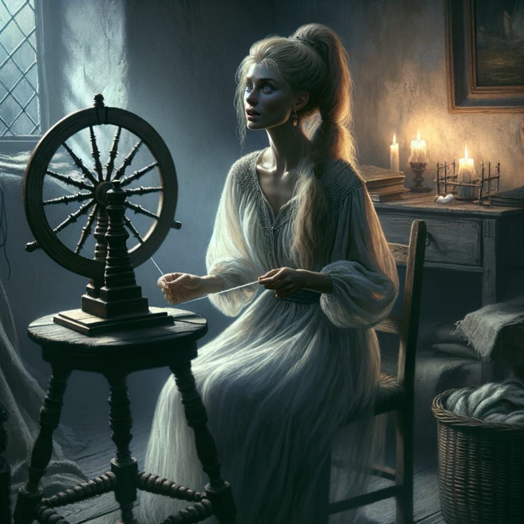 Norse Goddess at Spinning Wheel in Eerie Dark Style