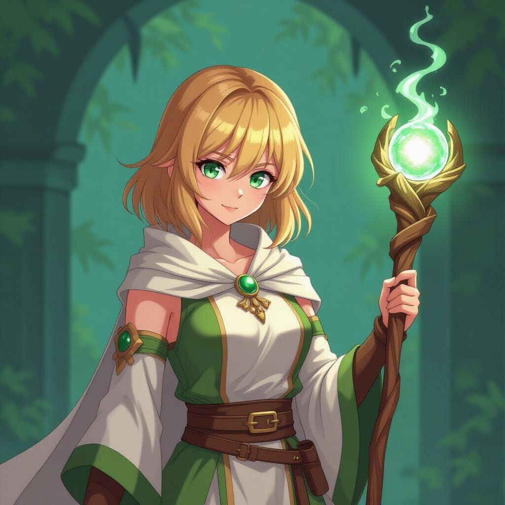 Anime Woman with Emerald Staff, Cel-Shaded Style