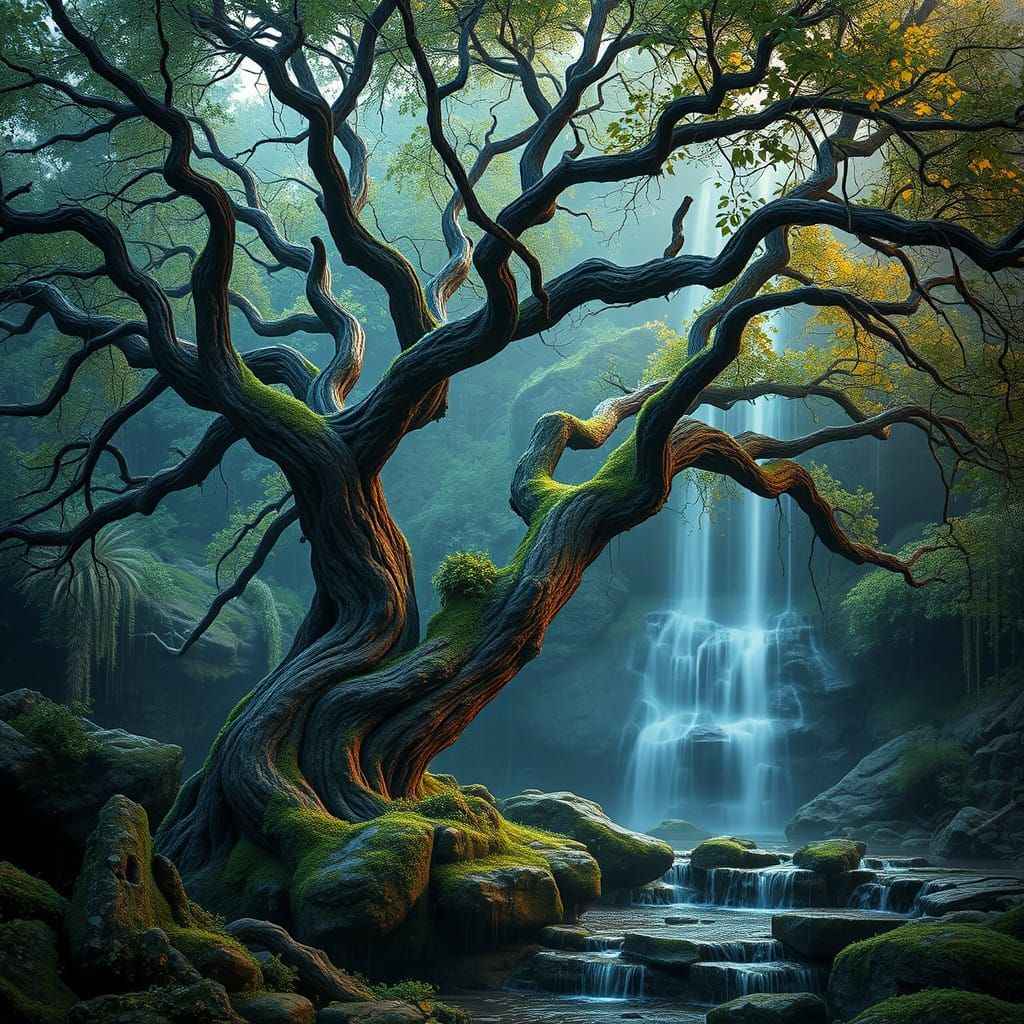 Twisted Savin Tree in Magical Waterfall Scene