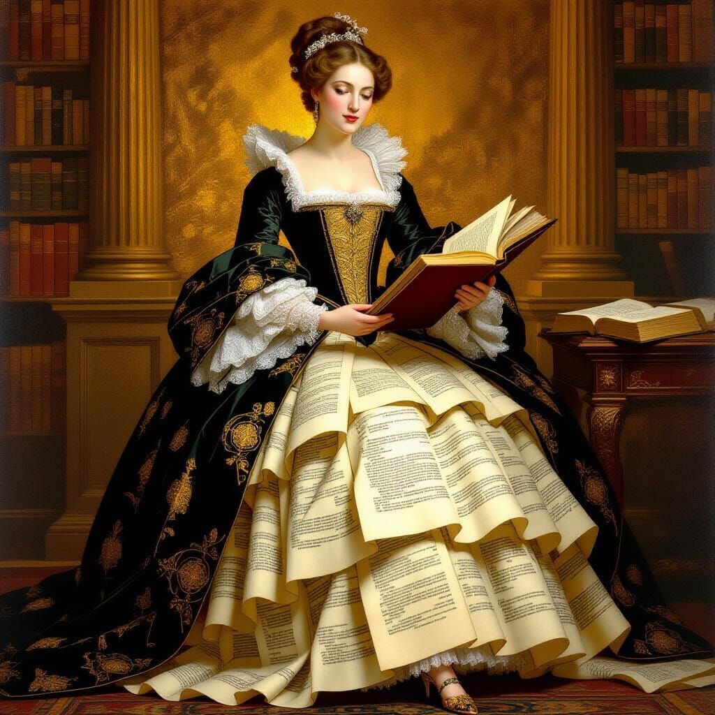 Renaissance Scholar Woman Adorned in Manuscript Fashion