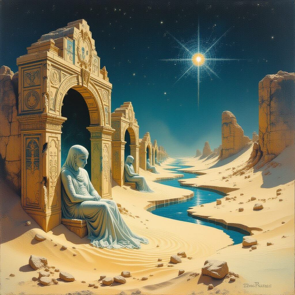 Deities in Crystalline Sands Amidst Starlit Void