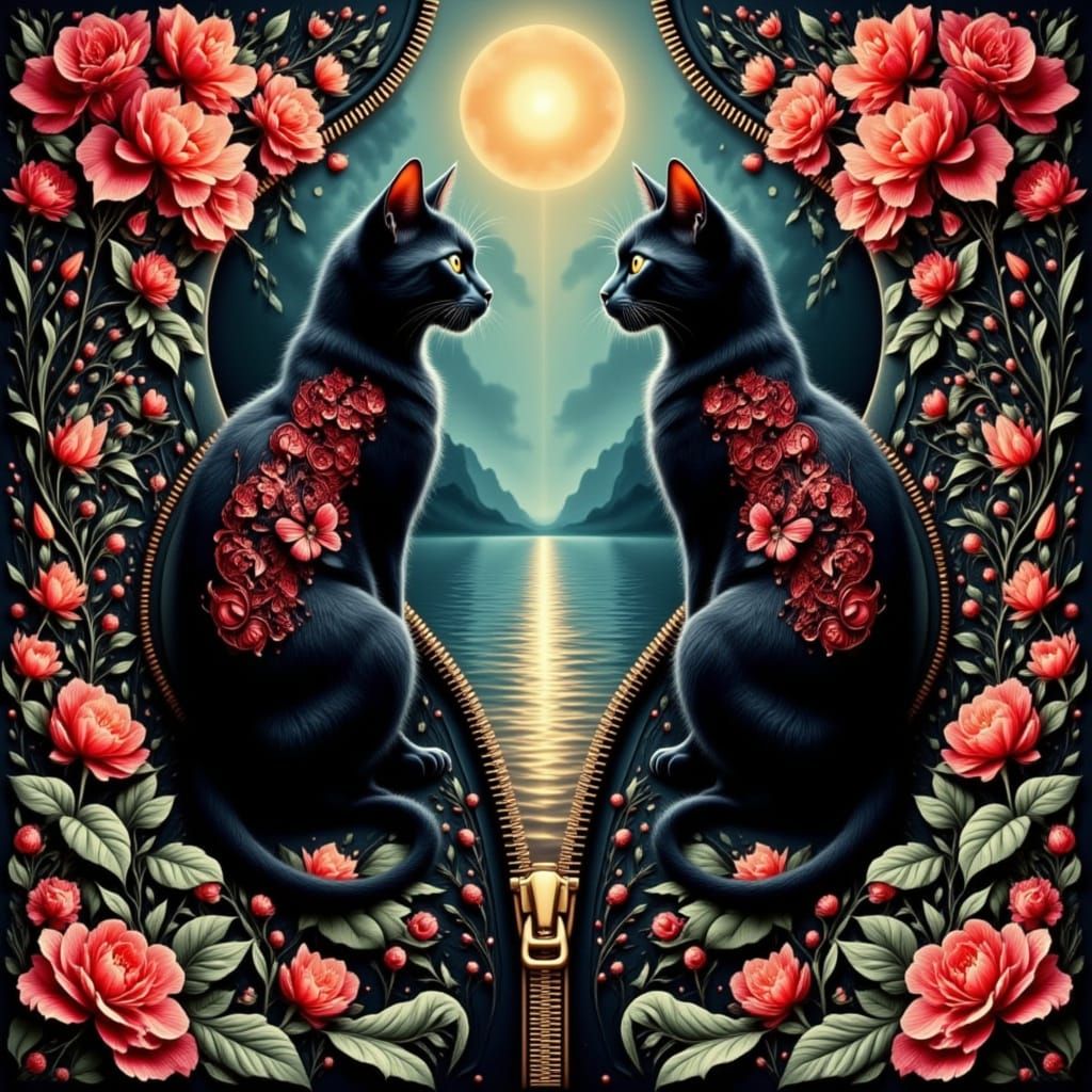 Symmetrical Black Cat Portrait with Zipper Details