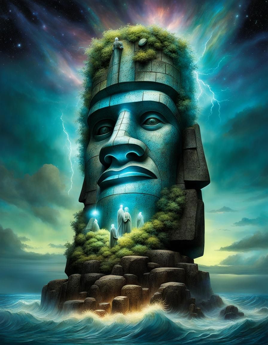 Bioluminescent Crystal Moai Statue with Intricate Details
