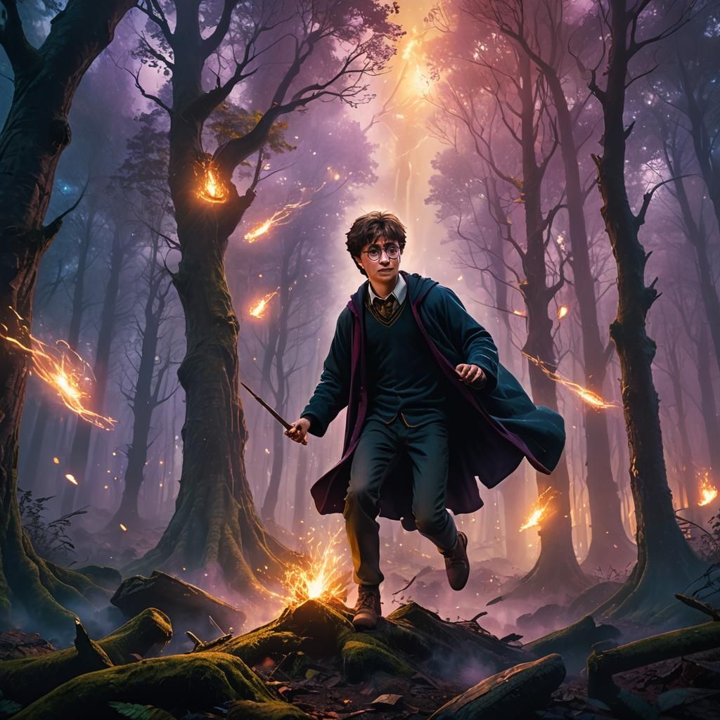 Harry Potter Casting a Spell in Mystical Forest