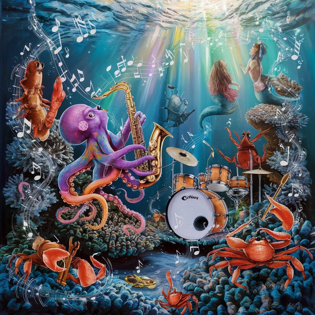 Oceanic Jazz Ensemble Performance in Vibrant Underwater Scen...
