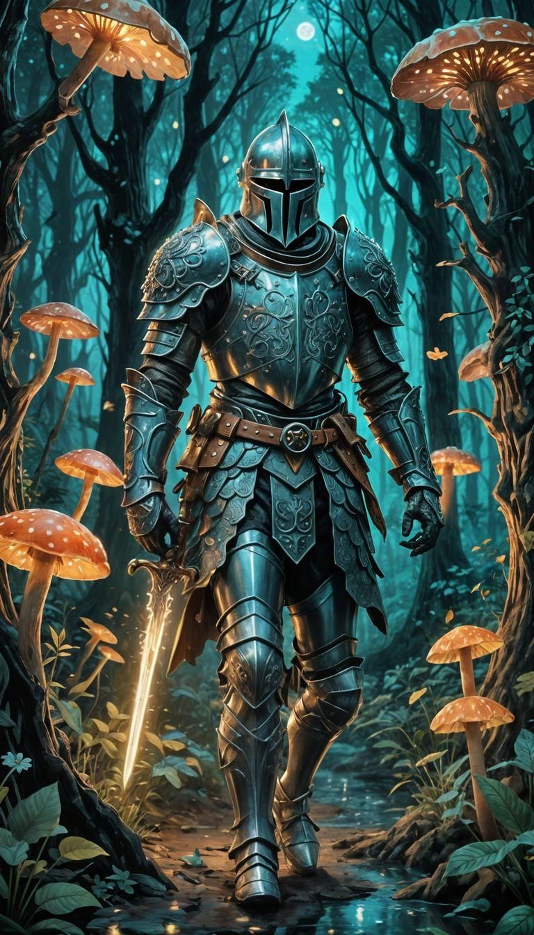 Hyperrealistic Knight in Magical Bioluminescent Forest