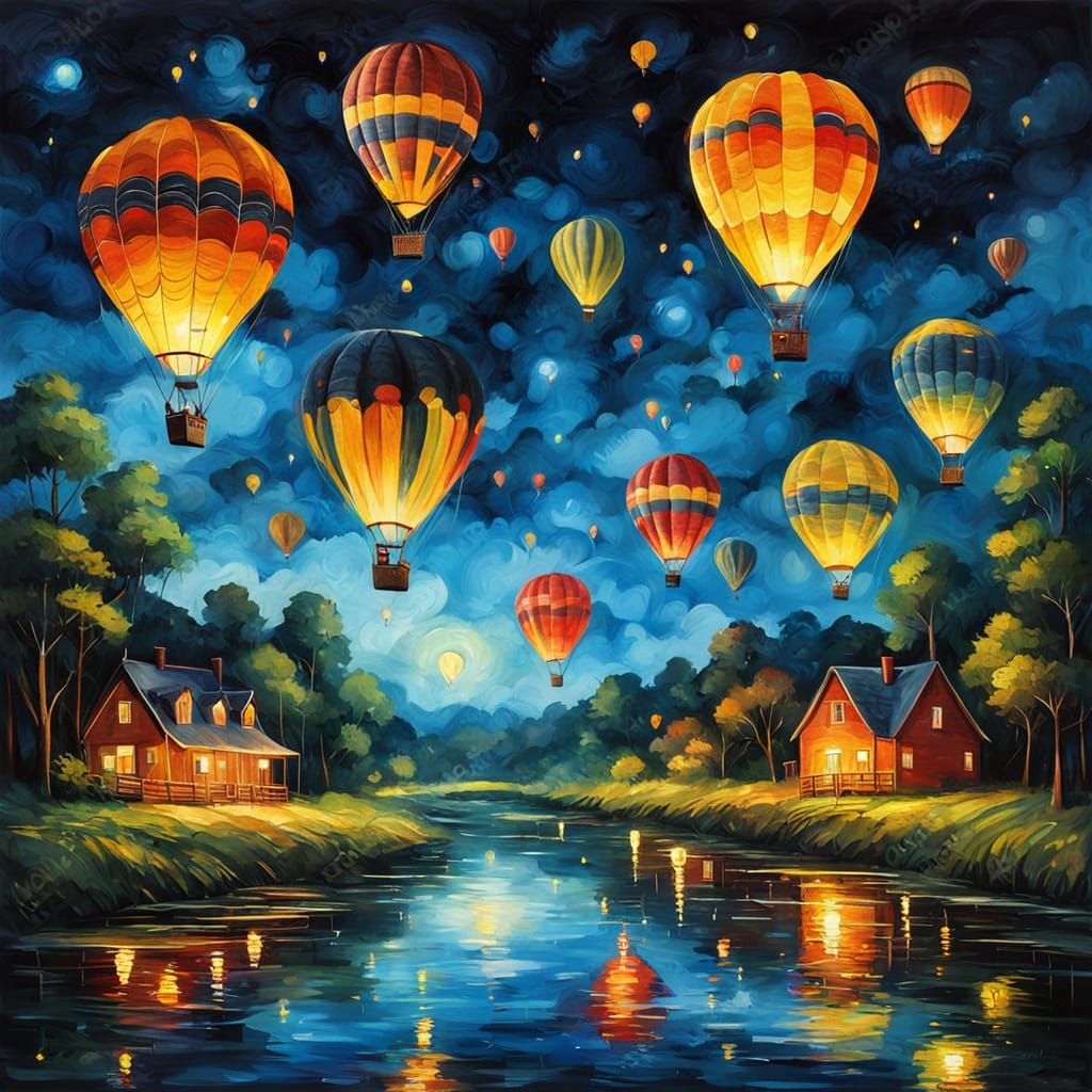 Serene Nighttime Hot Air Balloon Scene with Glowing Lights