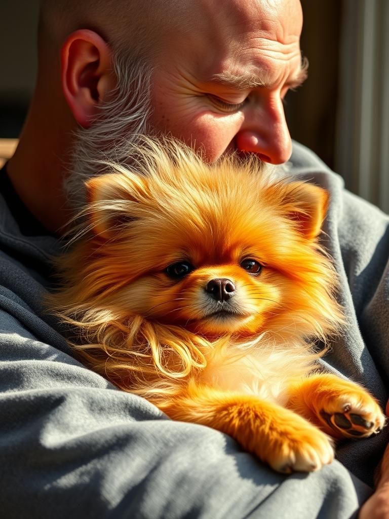 Comforting Companionship: Pomeranian Mix and Man