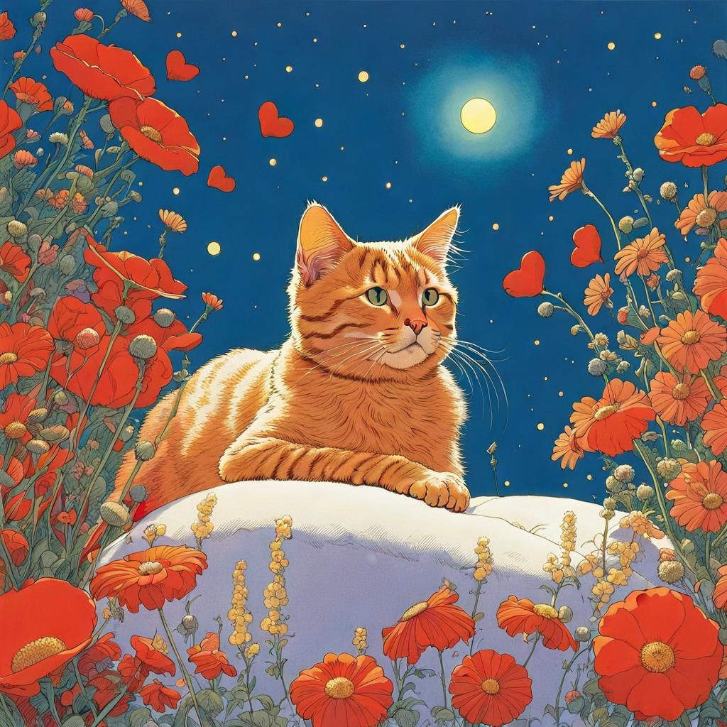 Cat Surrounded by Flowers in Comics Style