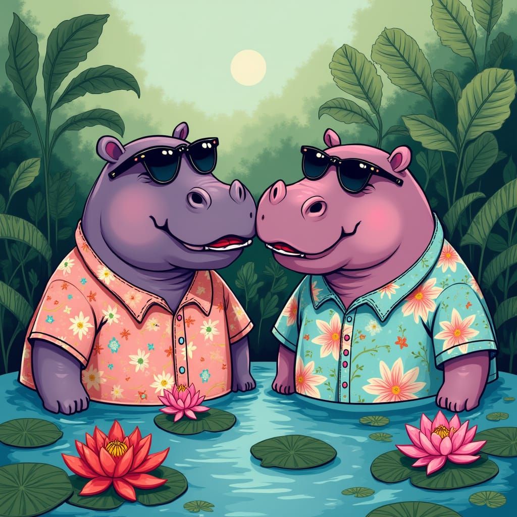 Hippos Kissing in Floral Shirts, Surrealist Style