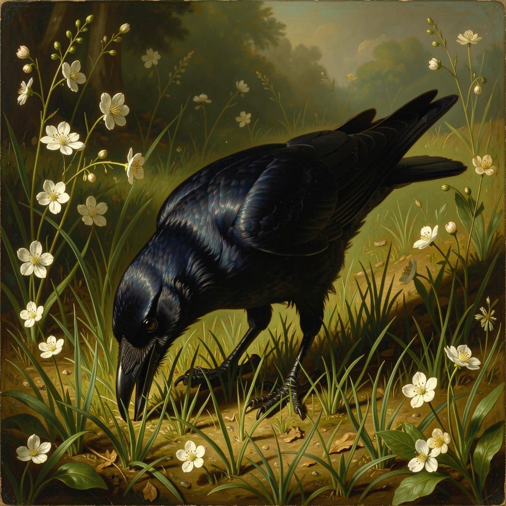 Raven Foraging in Spring Meadow