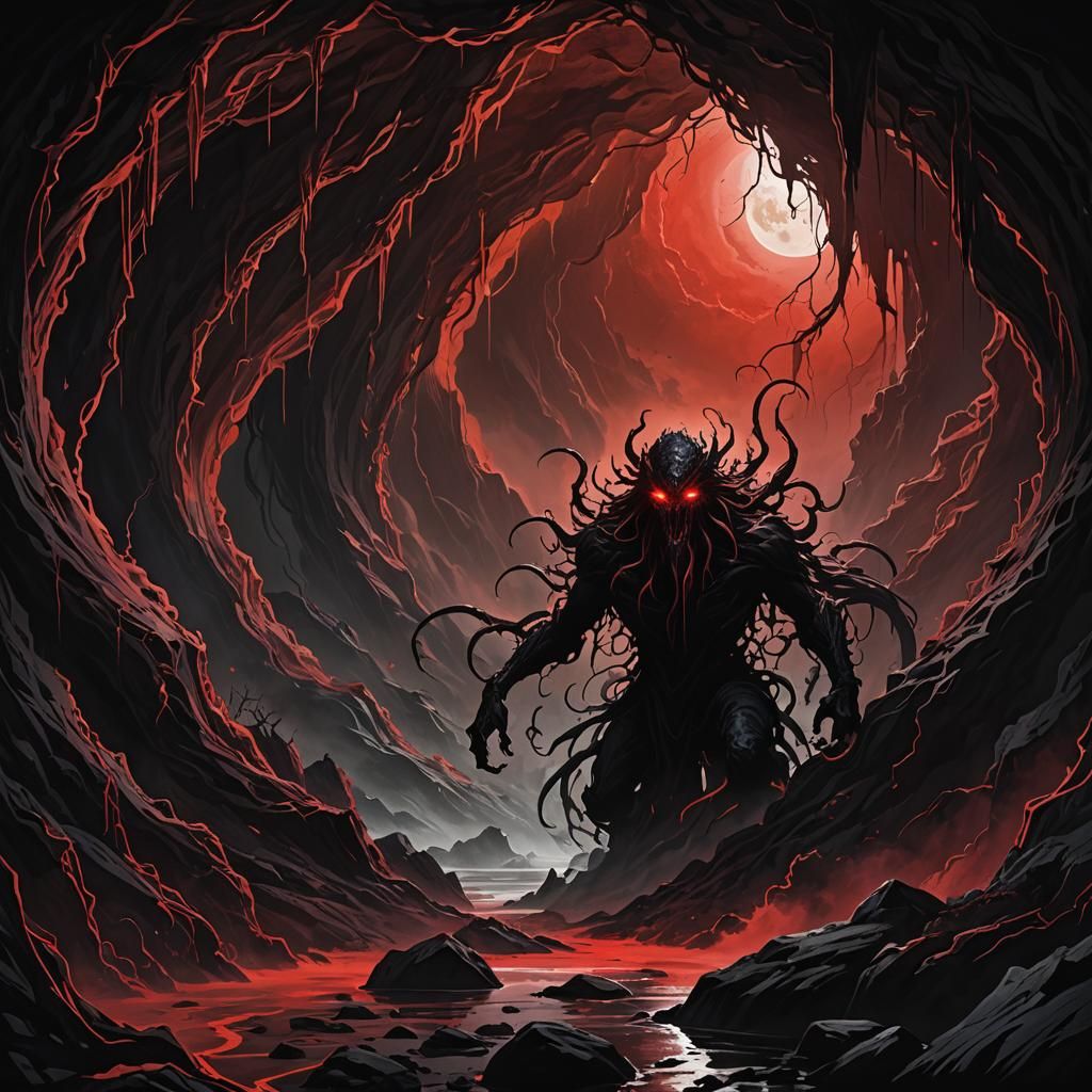 Eldritch Monster Silhouette in Cave with Red Moon