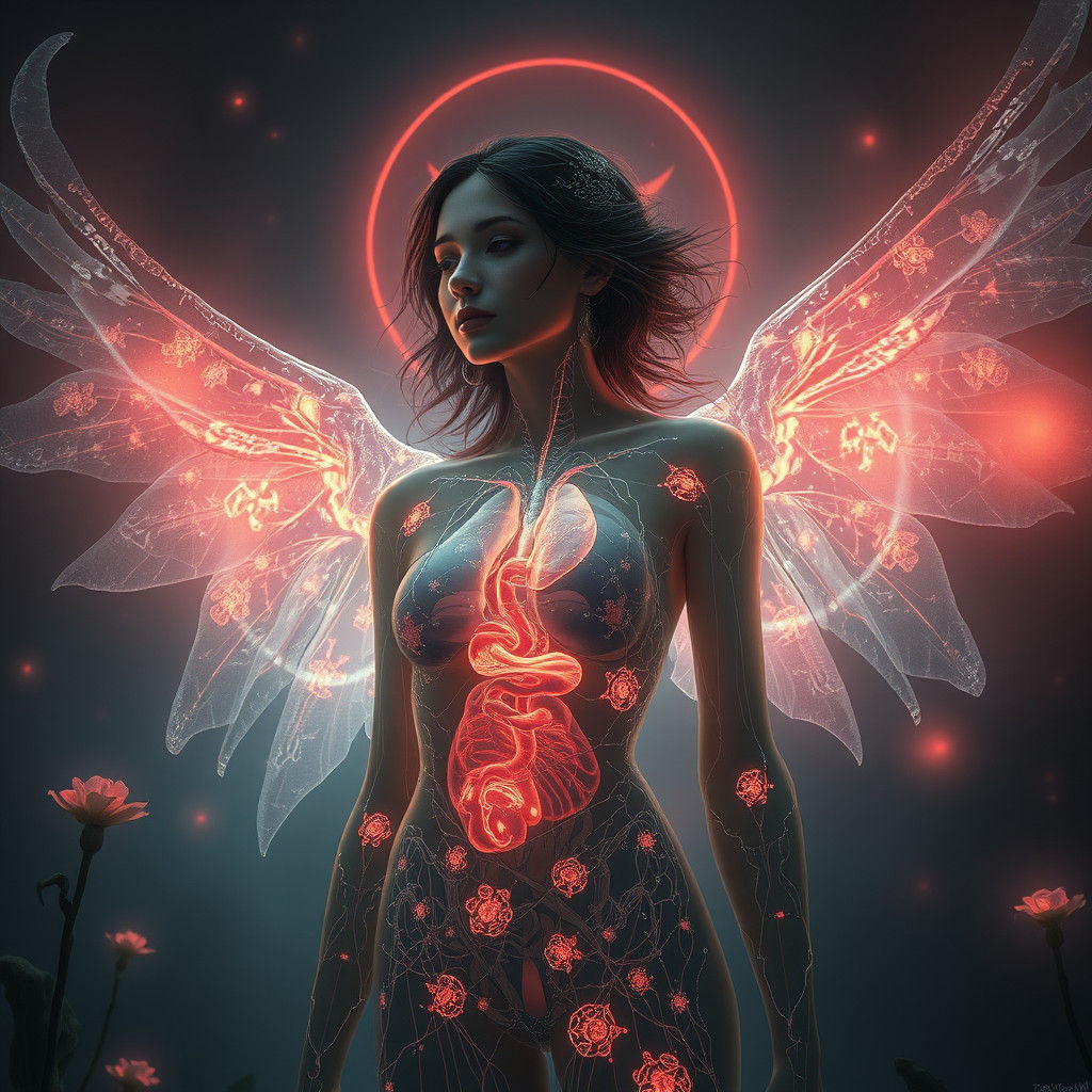 Ethereal Woman with Luminous Internal Organs